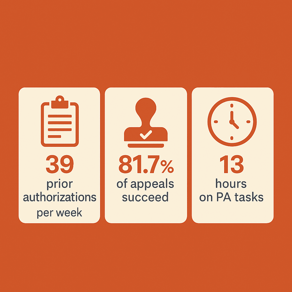 Infographic showing prior authorization statistics: 39 requests per week, 81.7% of appeals succeed, 13 hours on PA tasks weekly