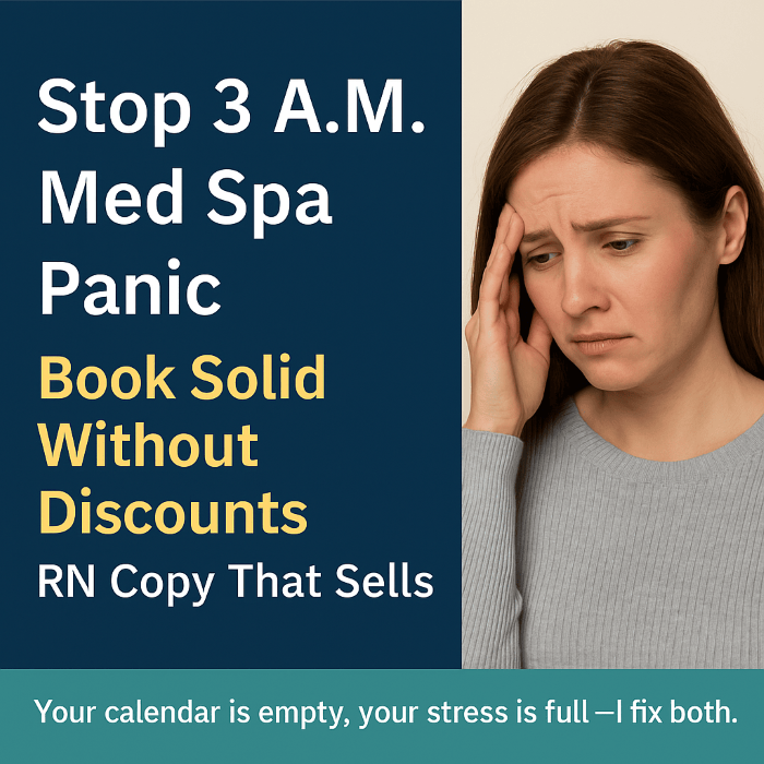 Stressed female med spa owner holding head in hands with text overlay: Stop 3 AM Med Spa Panic - Book Solid Without Discounts - RN Copy That Sells - Your calendar is empty, your stress is full, I fix both