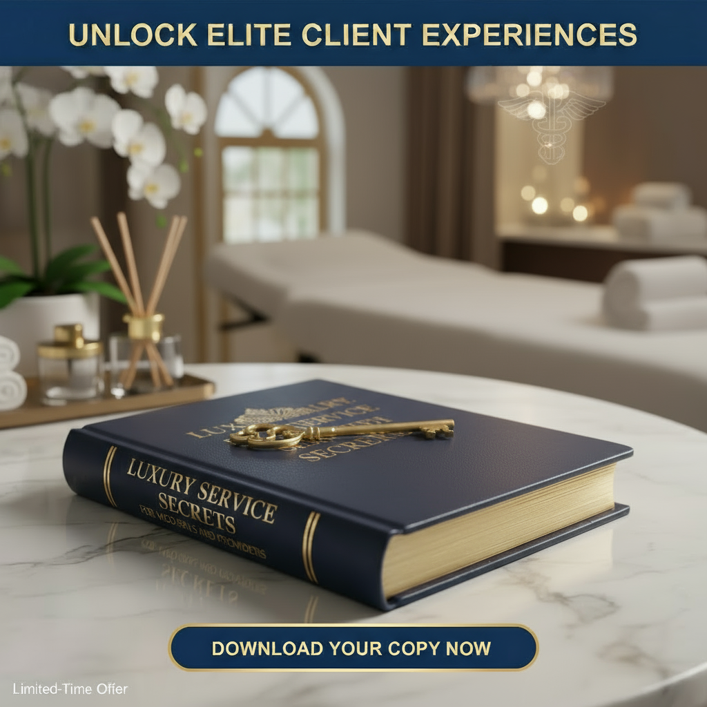 Luxury Service Secrets ebook displayed on elegant marble spa treatment table with gold key, aromatherapy diffuser, white orchids, and soft lighting in upscale med spa setting with 'Unlock Elite Client Experiences' header and download call-to-action button