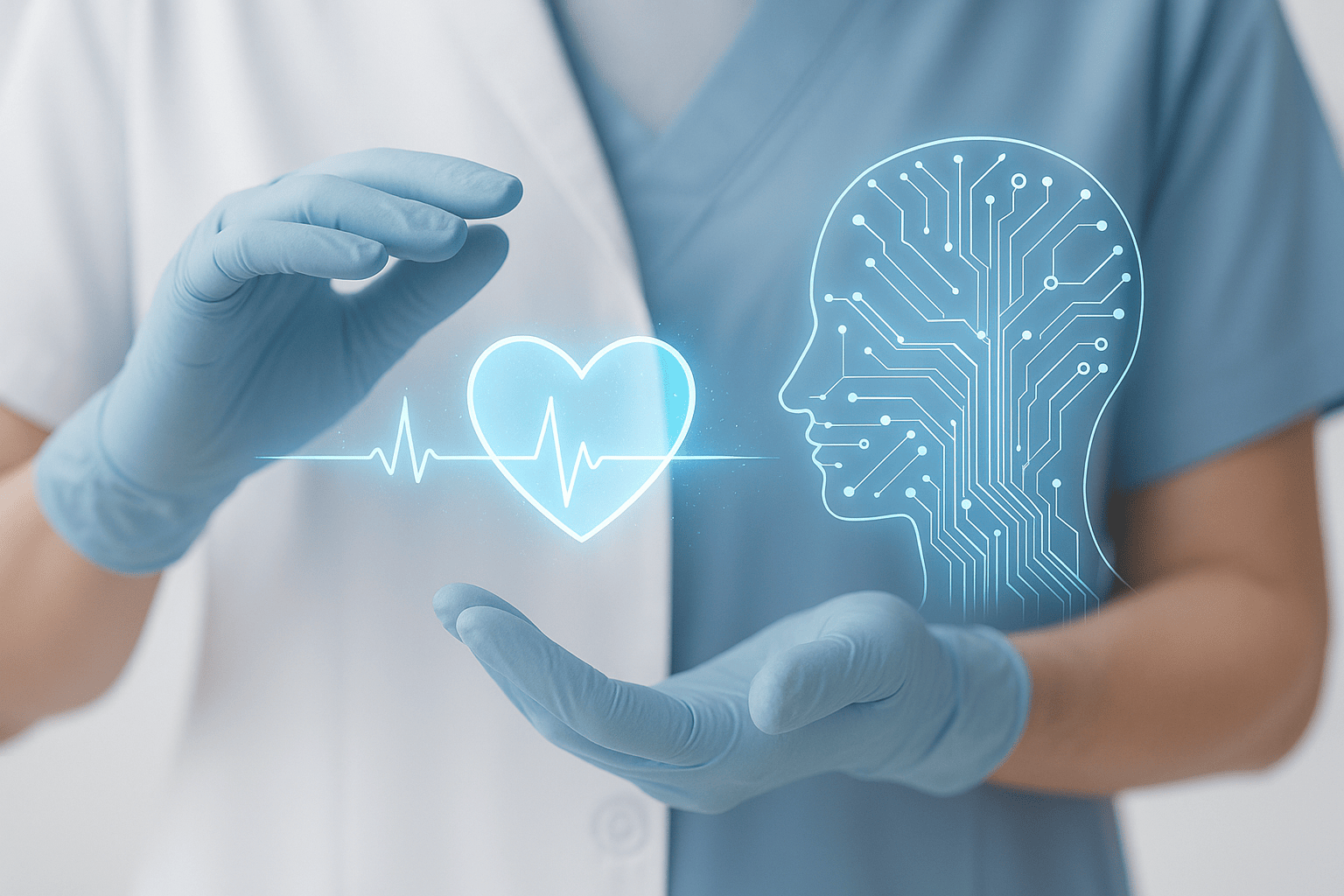 Healthcare professional in medical scrubs holding digital heart and AI brain graphic representing technology and human care in medical aesthetics