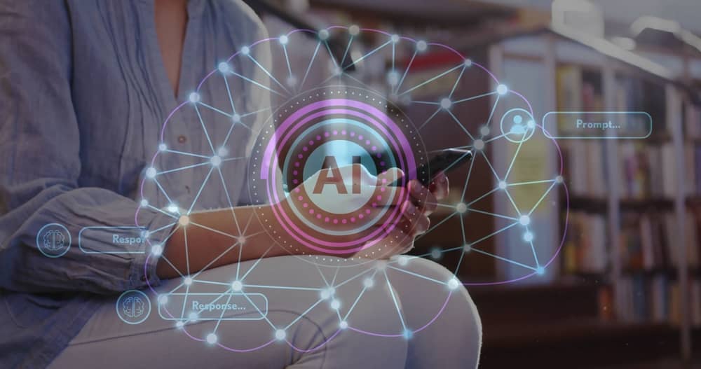 Healthcare professional presenting holographic AI technology interface with neural network visualization and data prompts in clinical setting