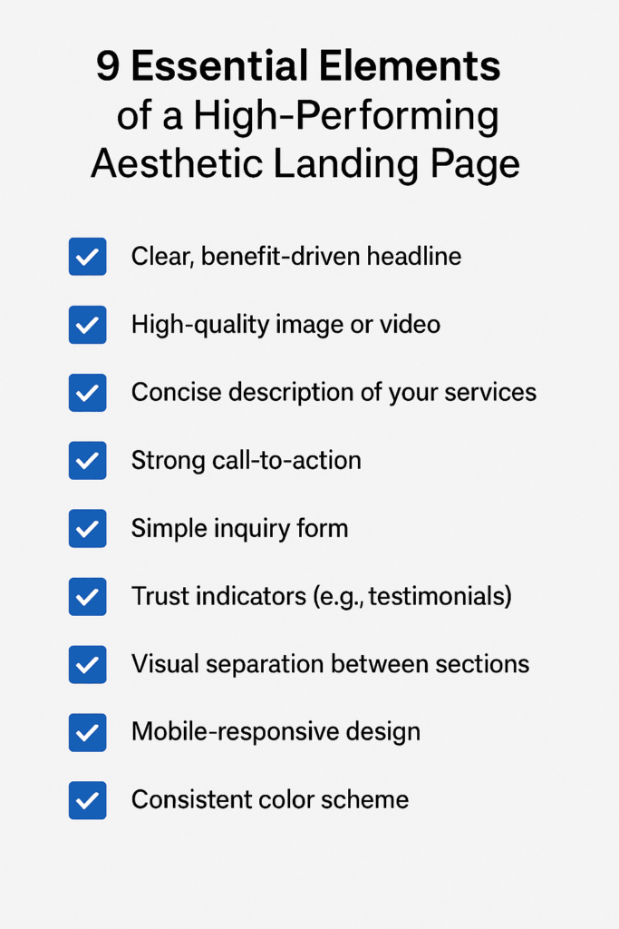 Checklist graphic showing 9 essential elements of a high-performing aesthetic landing page with blue checkmarks next to each item