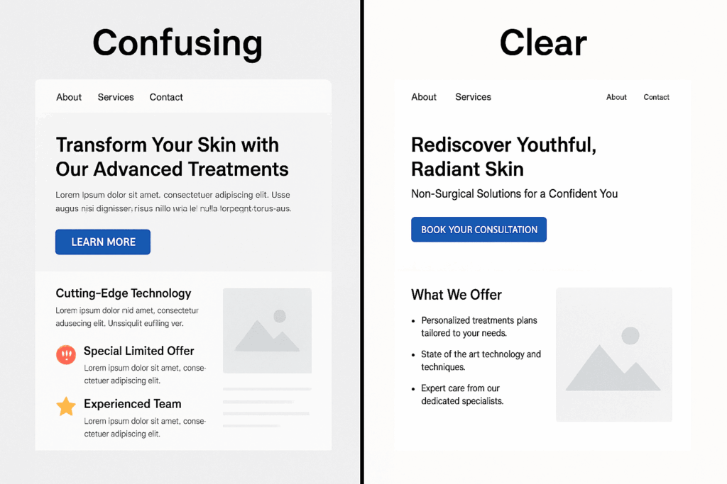 Side-by-side comparison of two landing page designs — left shows a confusing layout with Lorem Ipsum placeholder text, generic headline, and cluttered elements; right shows a clear layout with patient-focused headline, specific subheadline, and direct call-to-action button