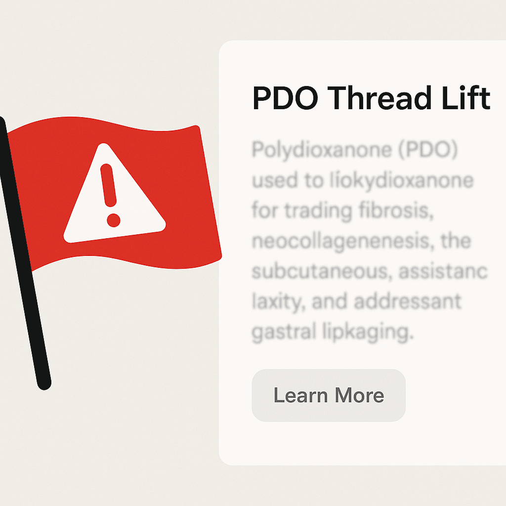 
Red warning flag next to a mock landing page section showing confusing medical jargon about PDO Thread Lift with an ineffective Learn More button