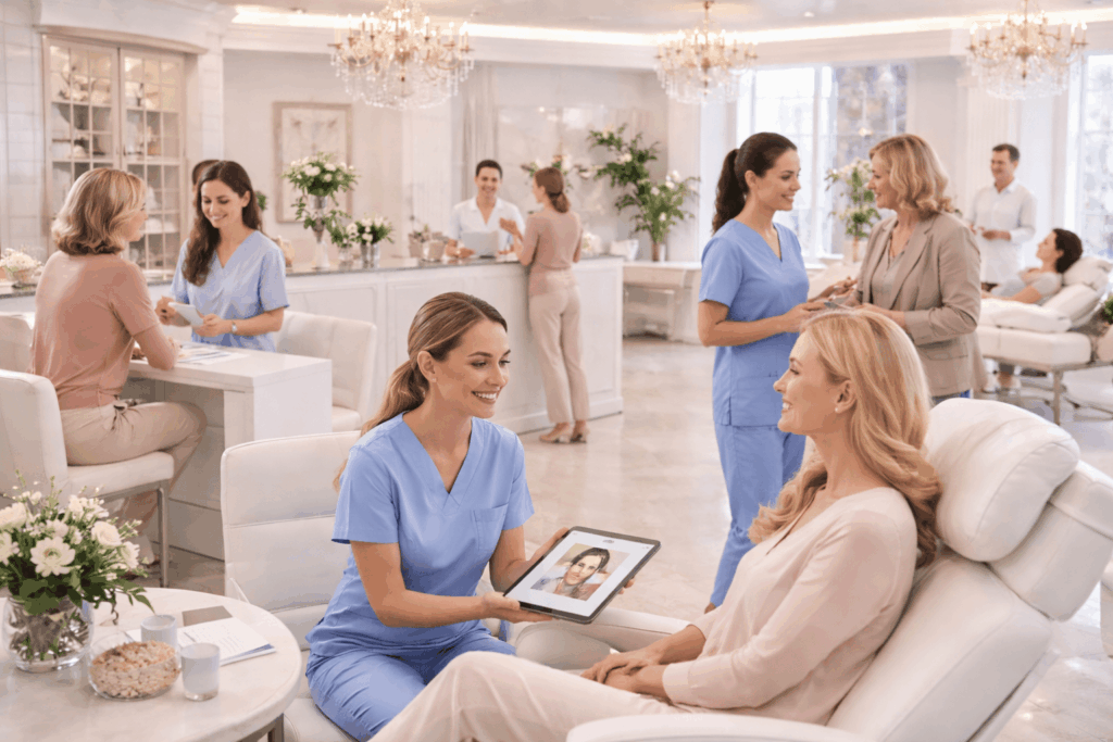 Elegant, busy med spa interior with smiling staff and patients interacting during consultations and treatments in a bright, modern space.