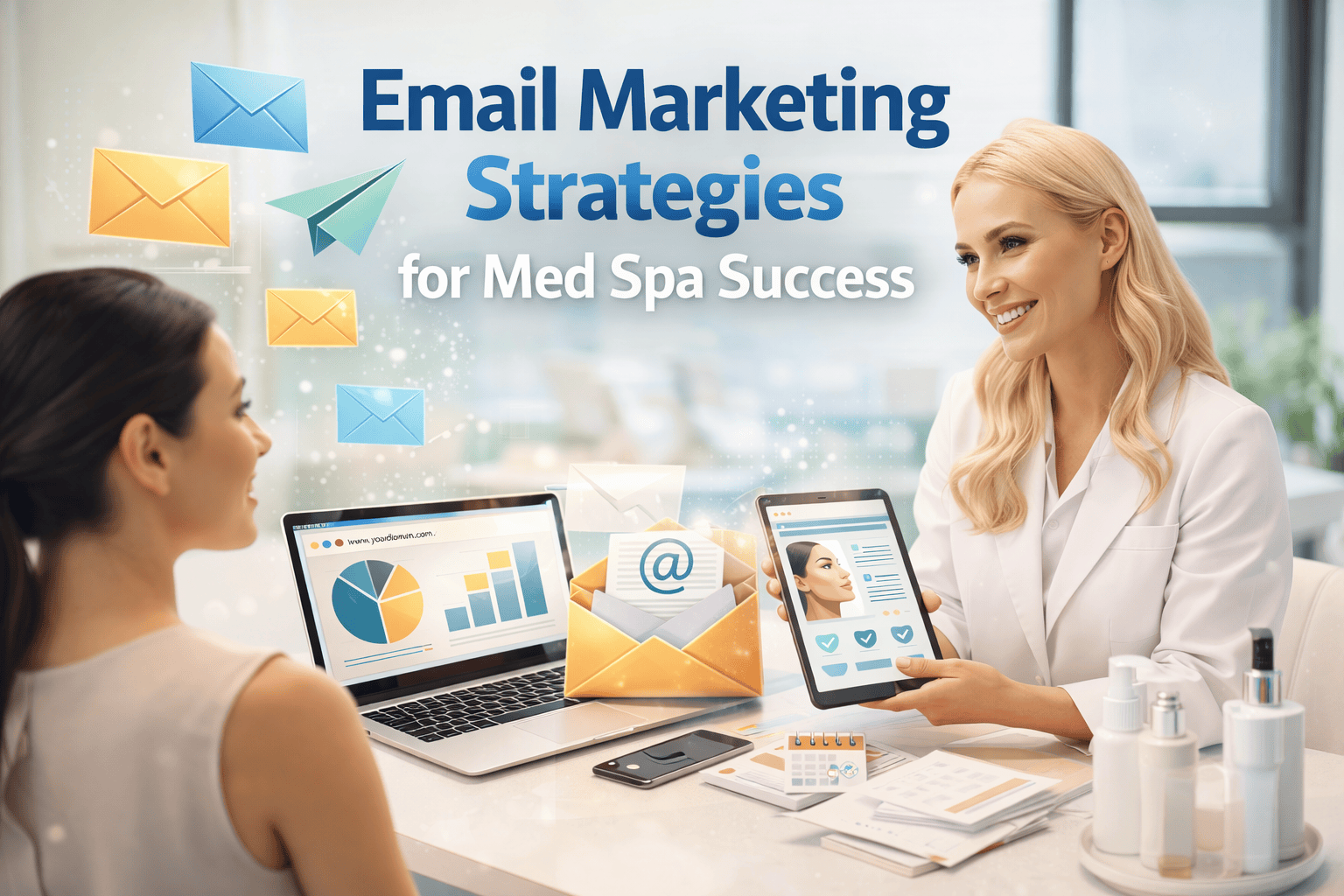 Med spa provider consulting with patient while reviewing email marketing analytics on laptop and tablet in modern aesthetic clinic setting