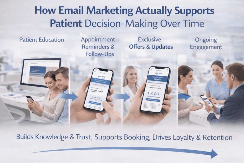 Visual timeline showing how med spa email marketing supports patient decision-making over time through education, appointment reminders, special offers, and ongoing engagement.