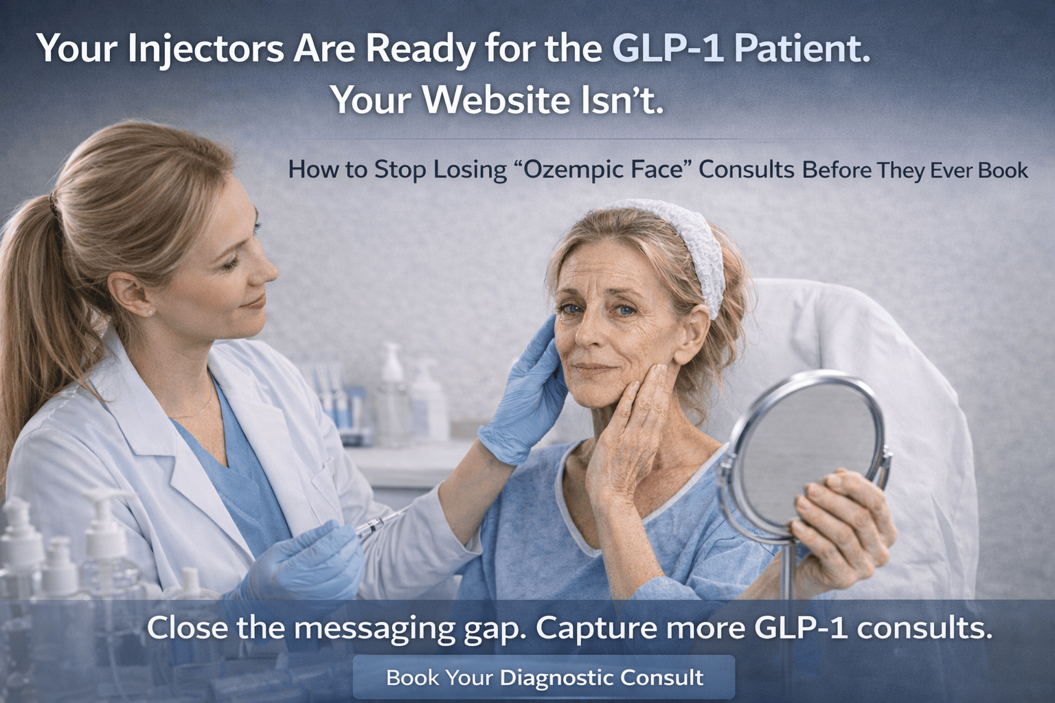 Aesthetic provider in white coat gently examining mature female patient's facial contours while patient looks into handheld mirror during med spa consultation, with text overlay about GLP-1 patient messaging