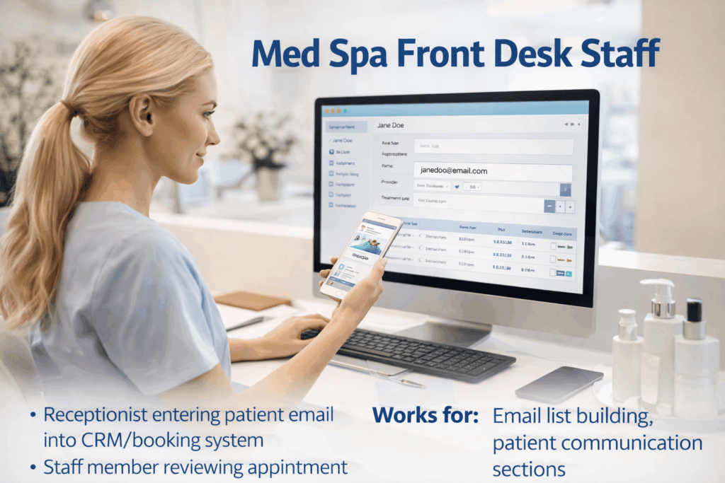 Med spa front desk staff member entering a patient’s email into a CRM booking system while reviewing appointment confirmation emails.