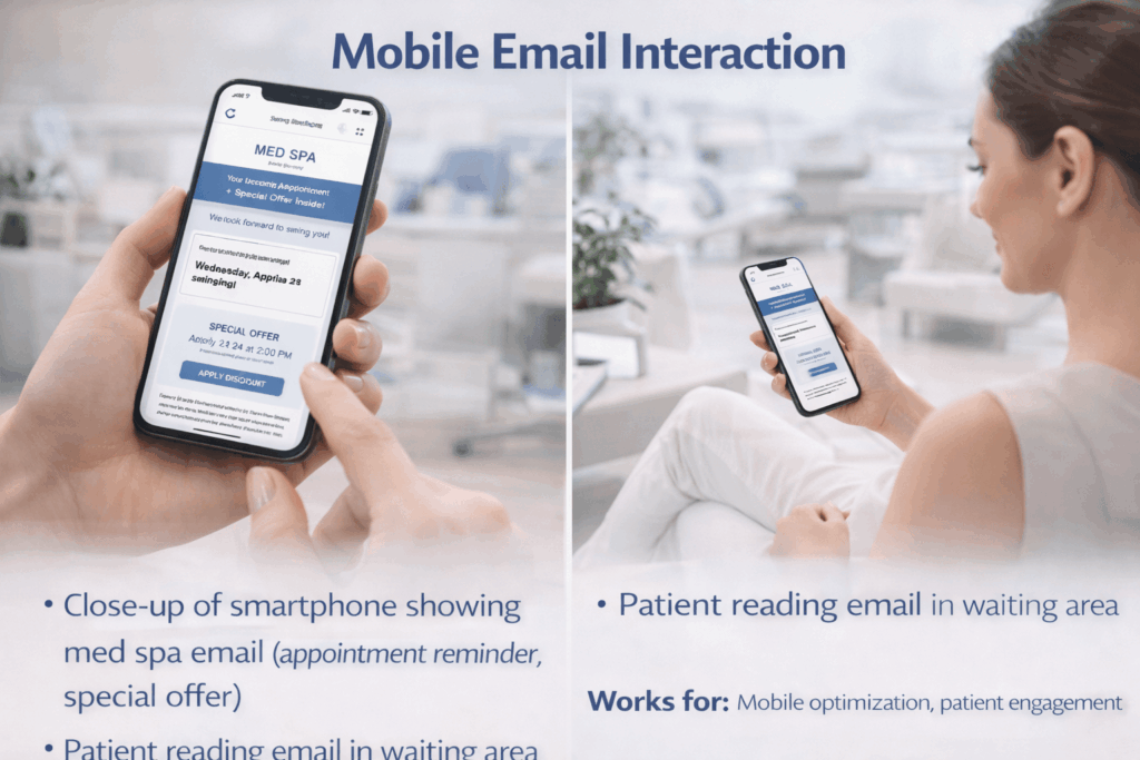 Close-up of a smartphone displaying a med spa email with an appointment reminder and special offer, alongside a patient reading the email in the waiting area.
