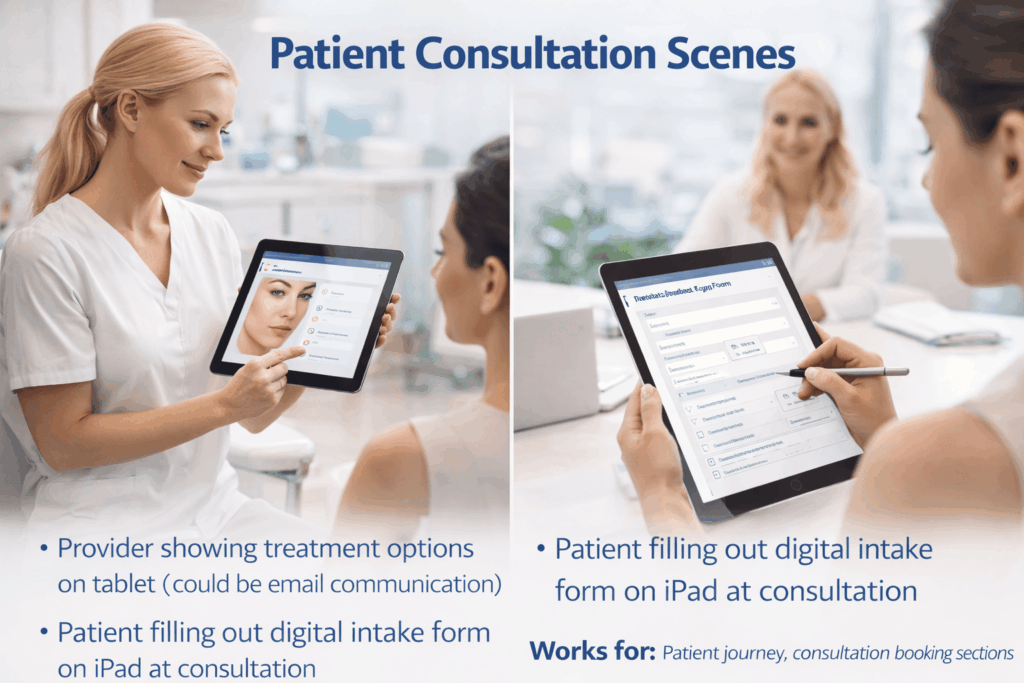 Med spa provider showing treatment options on a tablet while a patient completes a digital intake form on an iPad during a consultation.