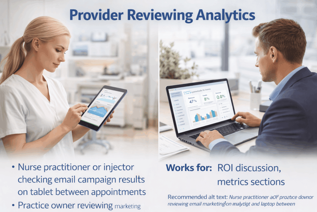 Med spa provider and practice owner reviewing email marketing analytics on a tablet and laptop to evaluate campaign performance and ROI.