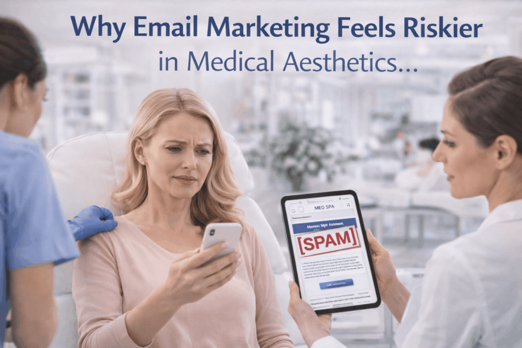 Med spa patient and provider reviewing an email marked as spam on a tablet, illustrating concerns around trust and risk in medical aesthetics email marketing.